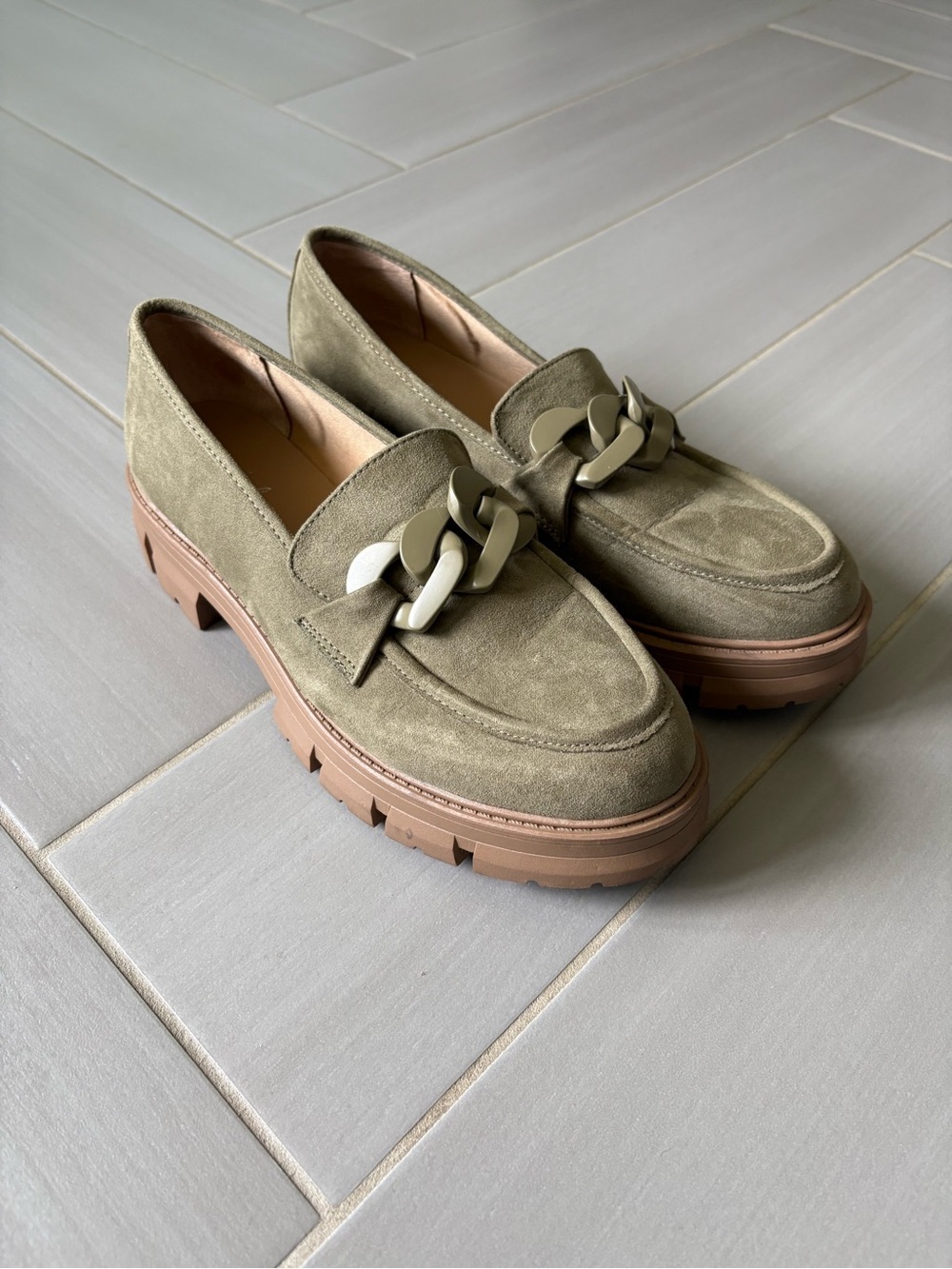 Wonderly Olive Suede Chain-Trim Platform Loafers | Lug Sole